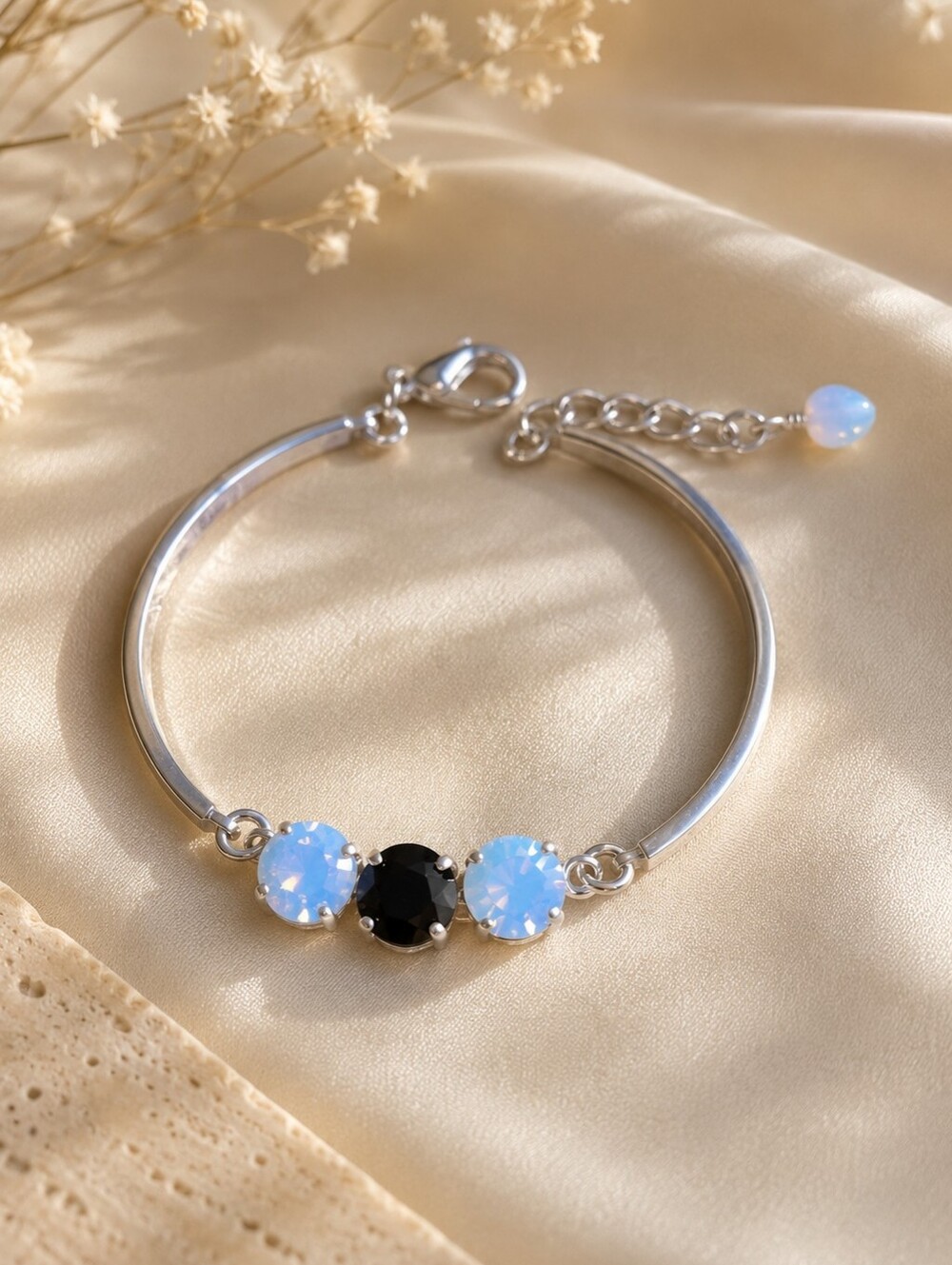 Silver Bar Bracelet with Two White Opal & One Black Crystals - Hand Crafted